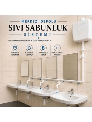 Hilal Kimya 20 Lt Alttan Basmalı 8 Musluklu Merkezi Sistem Depolu Sıvı Sabunluk BEYAZ