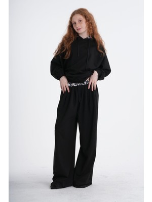 Haykids Kız Çocuk Kapüşonlu Oversize Takım - Bel ve Yaka Desen Detaylı Geniş Paça Takım