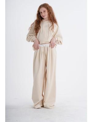 Haykids Kız Çocuk Kapüşonlu Oversize Takım - Bel ve Yaka Desen Detaylı Geniş Paça Takım