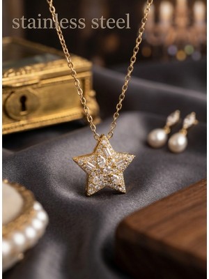 Stainless Steel 316L Çelik Zincir Gold Renk Zirkon Taşlı Yıldız Model Çelik Kolye