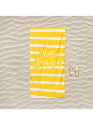 Marte Home Hello Summer Baskılı Plaj Havlusu 75 x 150 cm Pamuk Polyester Sarı Beyaz Renkli
