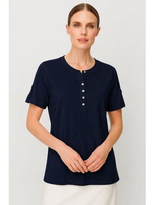 Mutlu Ertan Butik Triko Patlı Kısa Kollu Kadın Bluz 30397-LACIVERT