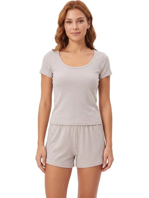 Cottonhill Premium - Neat Collection | Gri Rib Dokulu Yuvarlak Yaka Modal Viskon Şortlu Kadın Pijama Takımı