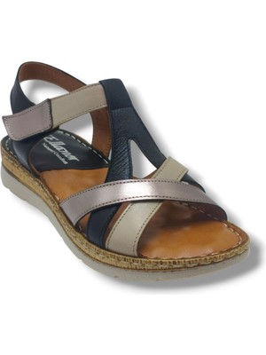 Ellanor S-553-26 Hakiki Deri Cırtlı Anatomik Taban Kadın Sandalet Siyah Bej Bronz
