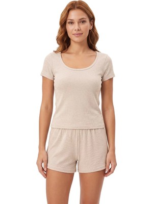 Cottonhill Premium - Neat Collection | Bej Rib Dokulu Yuvarlak Yaka Modal Viskon Şortlu Kadın Pijama Takımı
