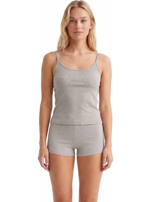 Cottonhill Premium - Neat Collection | Gri Rib Dokulu Ince Askılı Modal Viskon Şortlu Kadın Pijama Takımı