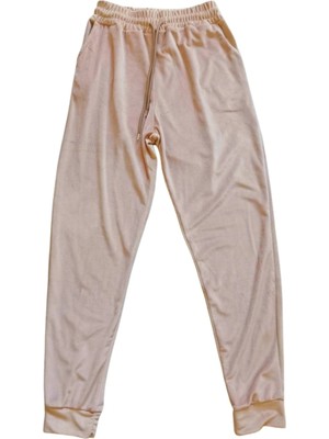 Herşey Trend Parlak Kadife Cepli Pantolon Eşofman Pijama Altı Unisex Lastikli Paça Bej