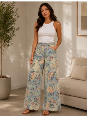 Cns Woman Vintage Çiçek Desenli Yüksek Bel Kadın Pantolon