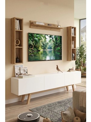 Yurudesign Yurudesing Pulse Tv Ünitesi Raflı 3 Kapaklı 180CM Ahşap Ayaklı Beyaz-Sepet Pu3-Ws