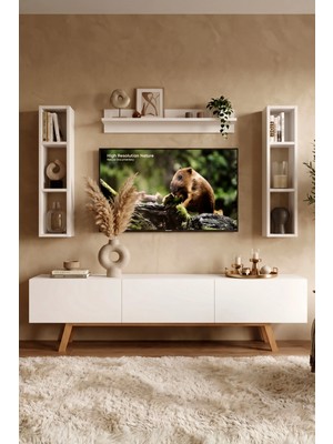 Yurudesign Yurudesing Pulse Tv Ünitesi Raflı 3 Kapaklı 180CM Ahşap Ayaklı Beyaz Pu3-W