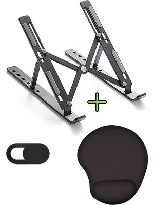 Lovesta Home Metal Stand Ayarlanabilir Siyah Renk Laptop Standı Tutacağı, Bilek Destekli Mousepad Kamera Kapatıcı