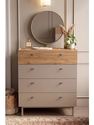 Yurudesign Luke Geniş Şifonyer 4 Çekmeceli Ahşap Ayaklı Bej Suntalam 80 cm Genişlik 93 cm Yükseklik Lk6-Cs