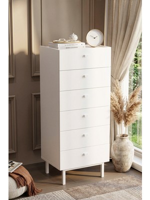 Yurudesign Luke Şifonyer 6 Çekmeceli Ahşap Ayaklı Beyaz Lk5-W