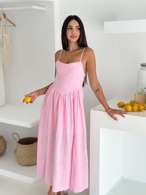 Salome Butik Ip Askılı Pileli Yırtmaçlı Uzun Elbise