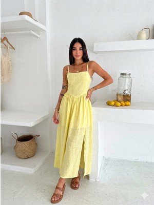 Salome Butik Ip Askılı Pileli Yırtmaçlı Uzun Elbise