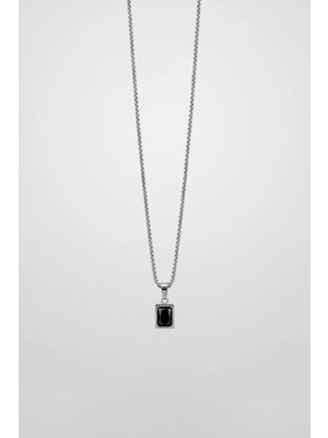 Abluka Online Unisex Kare Taş Detaylı Çelik Zincir Kolye Gümüş