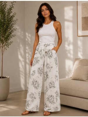 Cns Woman Keten Ekru Çiçek Desenli Beli Lastikli Bol Paça Pantolon