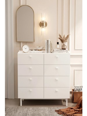 Yurudesign Luke Geniş Şifonyer 8 Çekmeceli Ahşap Ayaklı Beyaz Lk7-W