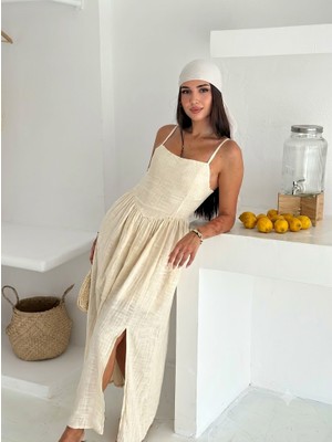 Salome Butik Ip Askılı Pileli Yırtmaçlı Uzun Elbise