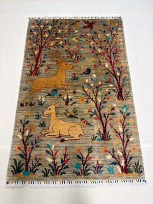 El Dokuma Afgan Halı Geyik Desenli Kök Boya 121 x 186 cm