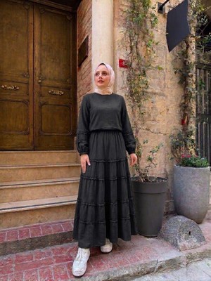 Trendparis Kadın Fırfır Detaylı Etekli Alt-Üst Takım Siyah