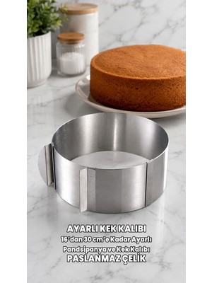 Destpak Ayarlanabilir Kek Kalıbı - Ölçekli Pandispanya Halkası - 304 Paslanmaz Çelik - 16CM'DEN 30CM'E Kadar Çap Ayarı