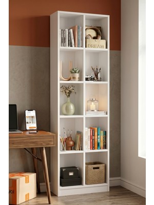 Yurudesign Liora Geniş Kitaplık 10 Raflı 180CM Beyaz Lı1-W