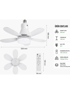 Cata 3 Renkli Kristal LED Lambalı Tavan Vantilatörü 6 Kanatlı Uzaktan Kumandalı Avize E27 Duylu Vantilatörlü Lamba