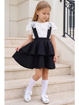 Parla Kids Kız Çocuk Helen Siyah Askılı Jile 23 Nisan 29 Ekim Gösteri Kıyafeti Elbise Ekru Dantel Kısa Kollu Bluz Abiye Takım