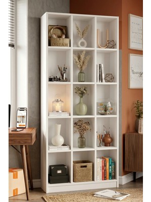 Yurudesign Liora Geniş Kitaplık 15 Raflı 180CM Beyaz Lı2-W