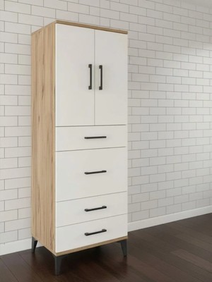 Dienni Hyperion Çok Amaçlı Dolap Mutfak Banyo Dolabı 3 Raflı 4 Çekmeceli 2 Kapaklı 60X44X163 Çam-Aytaşı