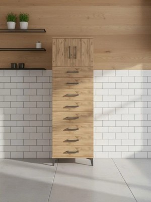 Dienni Kronos Çok Amaçlı Dolap Mutfak Banyo Dolabı Tek Raflı 8 Çekmeceli 2 Kapaklı 60X59X182 Çam-Çam