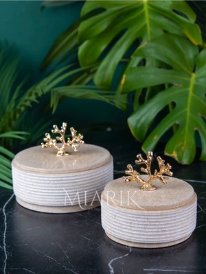 Miarik Design Dekoratif Mermer Taş Kutu Gold Mercan Pirinç Kulp Detayli 2 Li Kutu