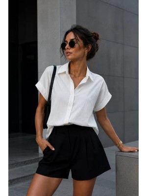 Rich Kadın Ekru Oversize Kısa Kollu Gömlek
