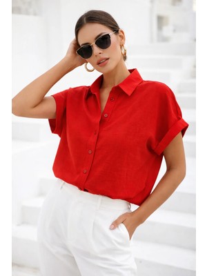 Rich Kadın Kırmızı Oversize Kısa Kollu Gömlek