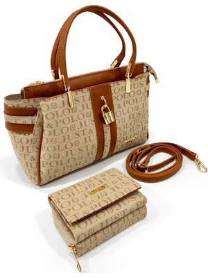 Just Polo Kadın El & Omuz Çantası Gold Detaylı Özel Tasarım Çanta + Uyumlu Cüzdan Seti 22X28 cm