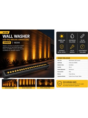 Cata 30 cm Amber LED Wall Washer Dış Mekan Armatürü 1800K IP65 Cephe Aydınlatma