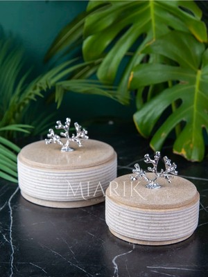 Miarik Design Dekoratif Mermer Taş Kutu Gümüş Mercan Pirinç Kulp Detayli 2 Li Kutu
