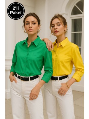 Rich Kadın Sarı-Yeşil 2'li Paket Poplin Cep Detaylı Gömlek