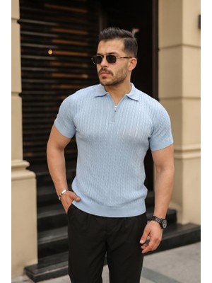 Veraura Lifestyle Erkek Örgü Desen Fermuar Yakalı Triko Tişört
