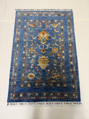 El Dokuma Afgan Halı Mavi Renk Sultani Desenli Kök Boya 104 x 152 cm