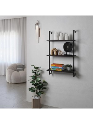 Merzana 3 Katlı Ahşap Raflı Metal Çerçeveli Duvar Rafı – Modern Dekoratif Kitaplık ve Duvar Ünitesi