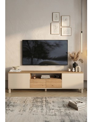 Yurudesign Mood Tv Ünitesi Sehpası 2 Kapaklı 2 Çekmeceli Ahşap Ayaklı 180CM Kumsal-Sepet Md1-Cs