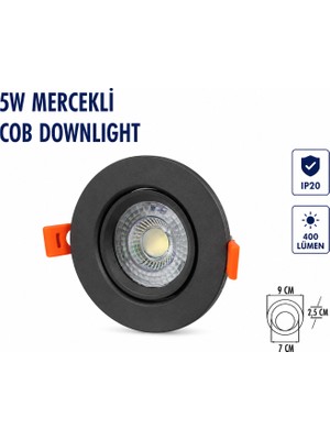 Lampist 5W Siyah Kasa Mercekli Yuvarlak Cob Downlıght 6500K