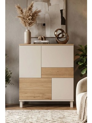 Yurudesign Mood Çok Amaçlı Dolap Ahşap Ayaklı 4 Kapaklı Çekmeceli Kumsal-Sepet Md3-Cs