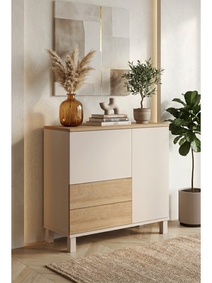 Yurudesign Mood Çok Amaçlı Dolap Ahşap Ayaklı 2 Kapaklı 2 Çekmeceli Kumsal-Sepet Md4-Cs