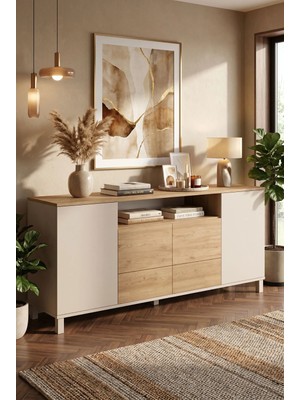 Yurudesign Mood Konsol 4 Kapaklı 2 Çekmeceli Ahşap Ayaklı 180CM Kumsal-Sepet Md5-Cs