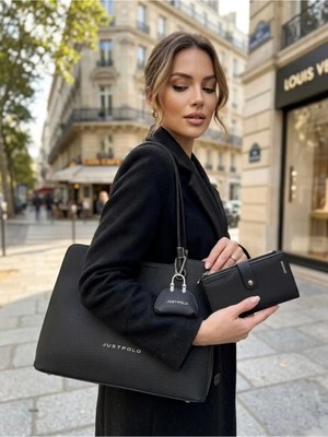 Just Polo Şık Model Büyük Boy Premium Gümüş Logolu El Çantası ve Cüzdanı Kombin Tote Bag Ebat : 22 x 34 cm