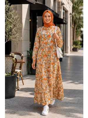 Harma Time Butik Kadın Düğmeli Desenli Modal Turuncu Elbise