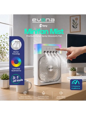 Evona 3in1 Masaüstü Fan 3 Kademeli Ferah Nemlendirici Buharlı Rgb Aydınlatmalı Vantilatör